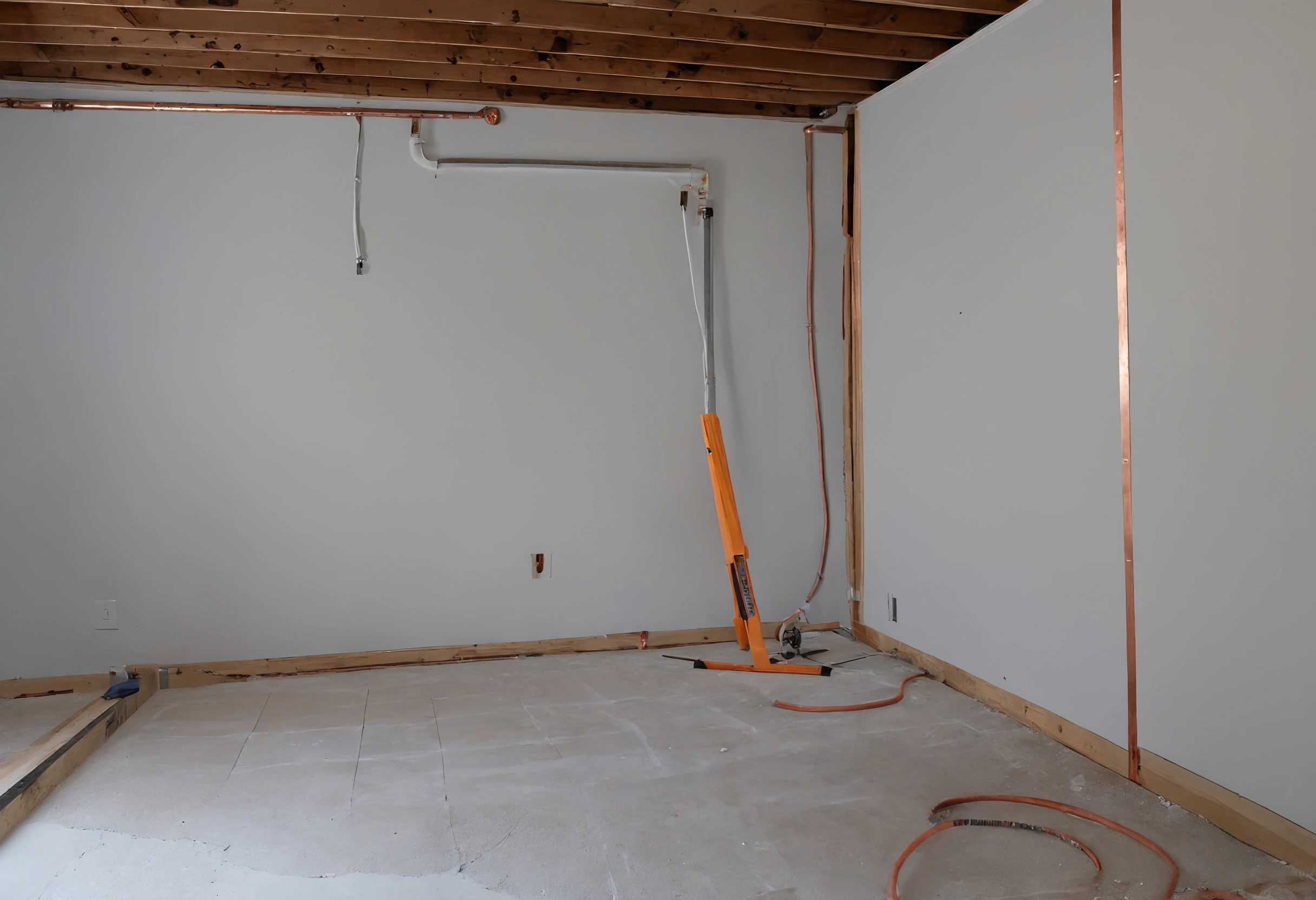 Gutted bathroom with bare studs, copper supply lines and drain stub-outs on a concrete floor before waterproofing