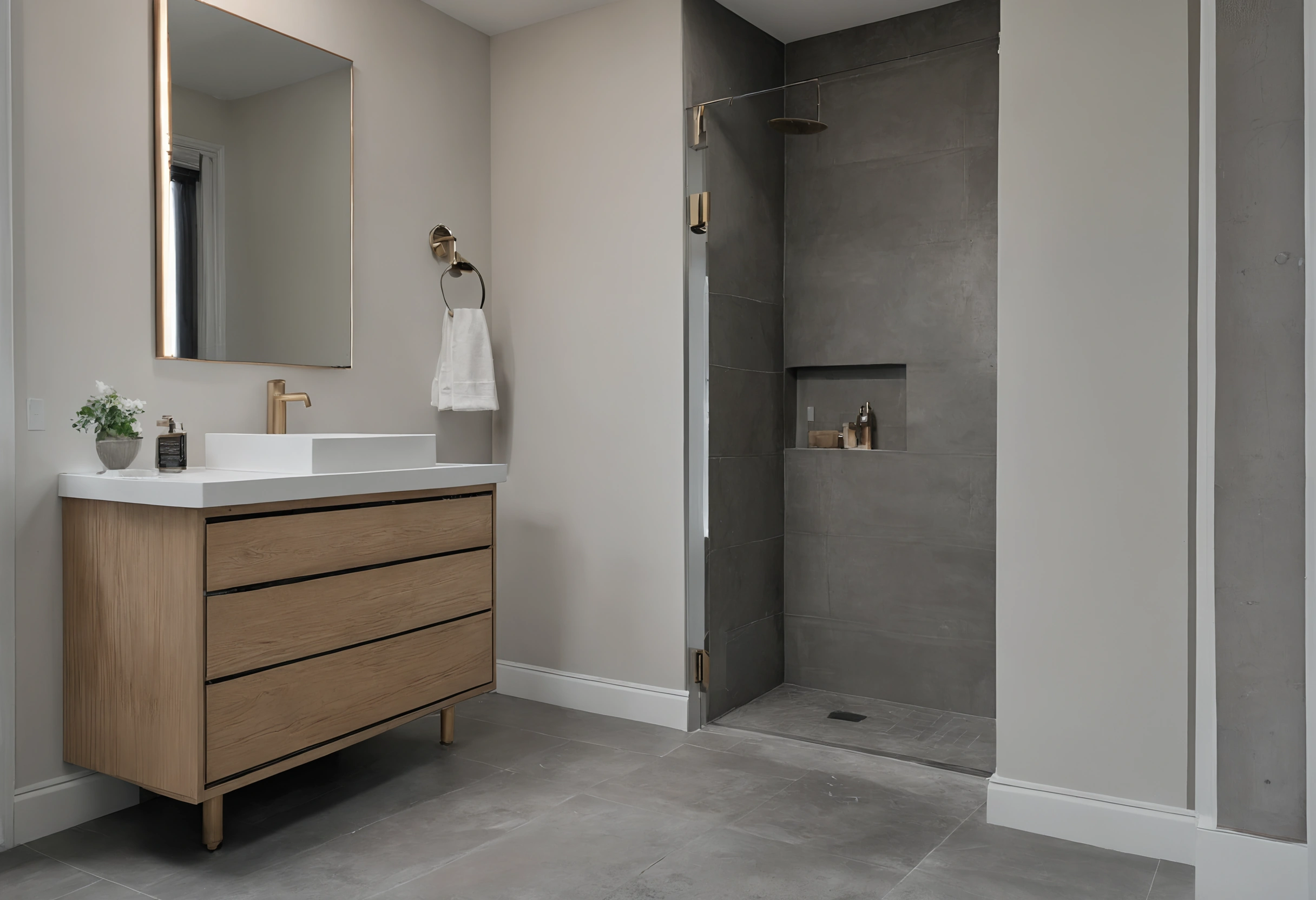 Finished bathroom with a wall-hung oak vanity, vessel basin and a grey tiled shower with a recessed niche